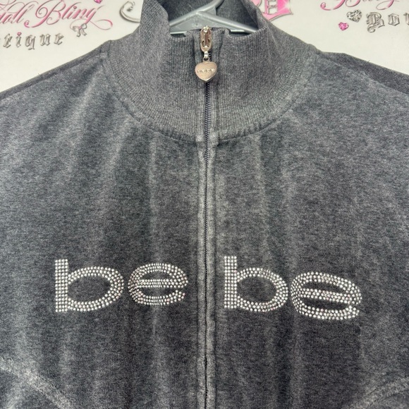 Bebe sweater zip up heart zipper pull bling diamond rhinestone logo velour - Picture 2 of 10